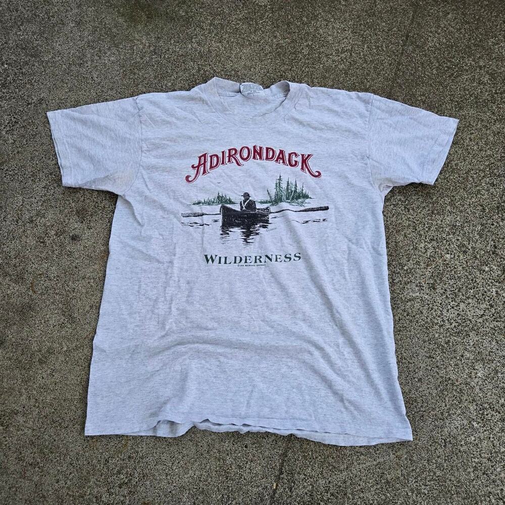 Vtg 90s ADIRONDACK WILDERNESS Canoe River Scene Graphic Nature T Shirt L USA